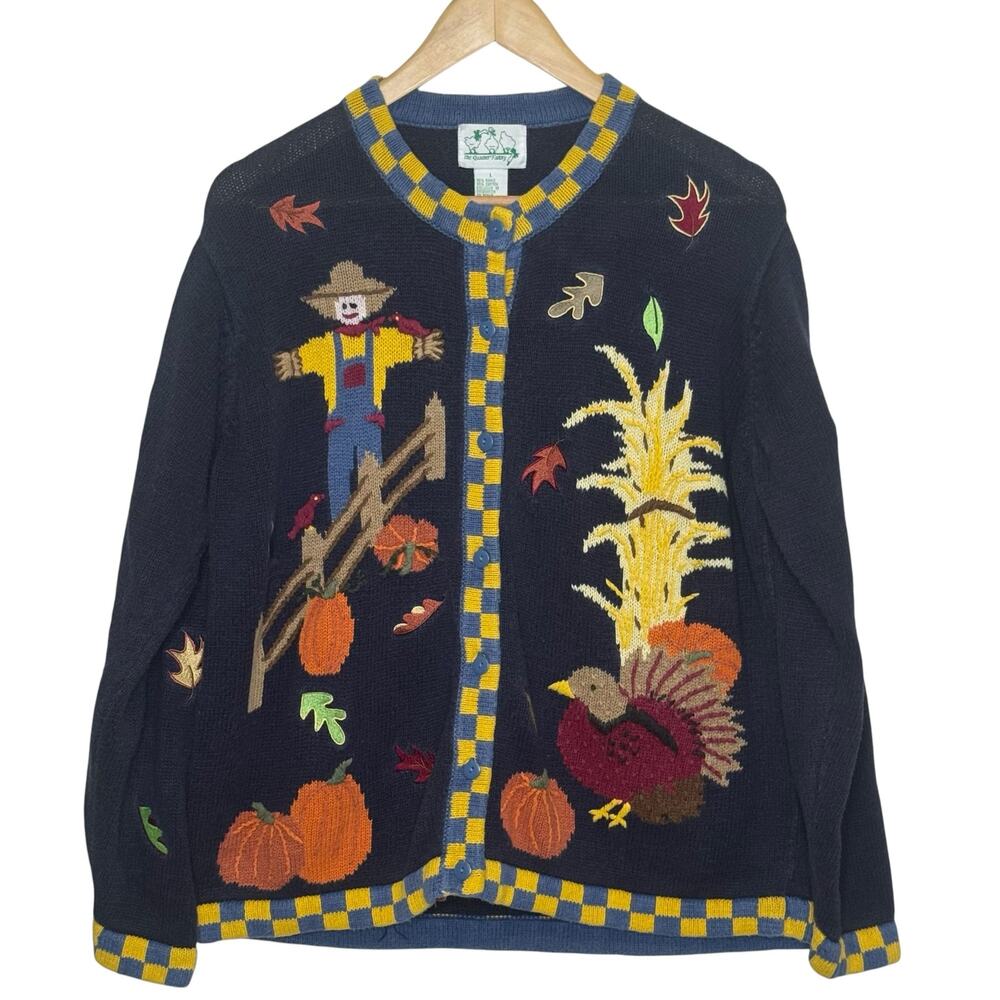 The Quacker Factory Fall Halloween Vintage Granny Cardigan Sweater Pumpkin Hay